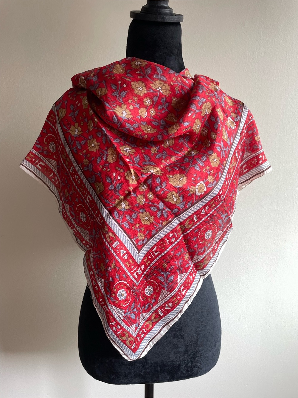 Vintage Red Floral Square Scarf Hand Rolled Hem Silk Feel Boho Cottagecore